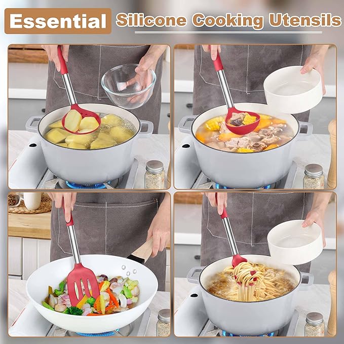 LIANYU Kitchen Cooking Utensils Set, Silicone Cooking Utensils Set of 6, Heat Resistant Kitchen Spatula Gadgets Tools for Nonstick Cookware, Stainless Steel Handle, Dishwasher Safe, Red