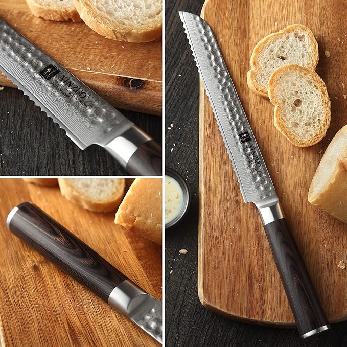 XINZUO 67 Layers Damascus Bread Slicing Knife, 8 Inch Serrated Bread Knife for Homemade Bread Sourdough,Razor Sharp,Dark Brown Pakkawood Handle