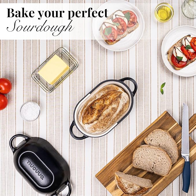 nuovva Dutch Oven For Sourdough Bread Baking – Enamelled Cast Iron Bread Loaf Pot – Oven Safe Non Stick Bread Pot – Rectangular, Black, 24cm x 16cm