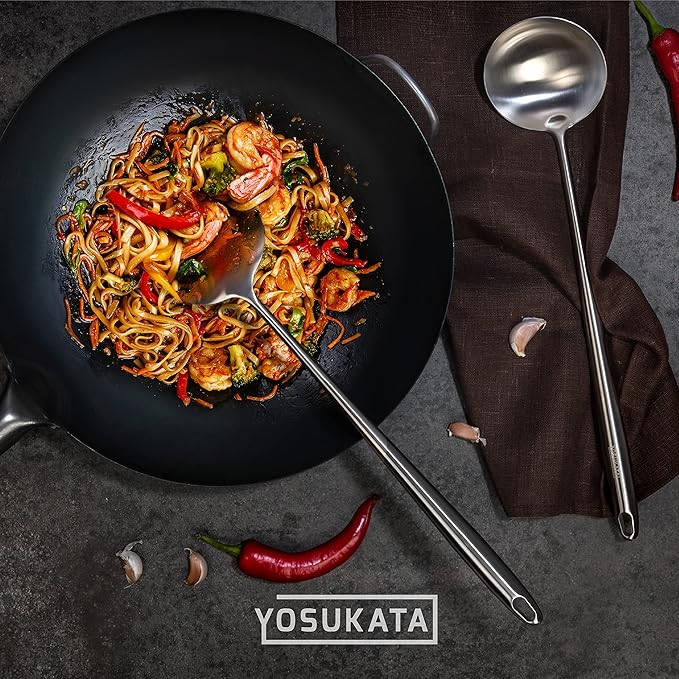 YOSUKATA 17’’ Wok Spatula and Ladle - Set of 2 Heat-Resistant Wok Tools - Universal Wok Ladle and Spatula - High-Grade 304 Stainless Steel Cooking Utensils and Wok Accessories - Solid Wok Utensils
