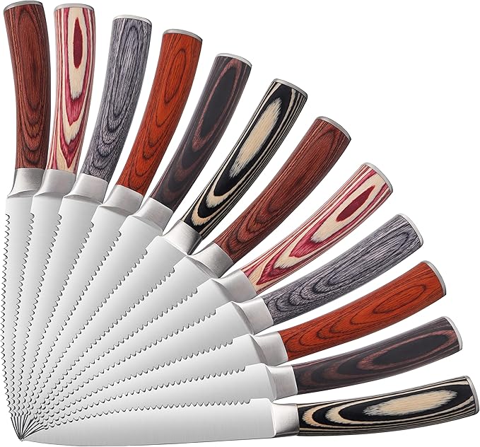 Pakkawood Steak Knives Set of 12, 12PCS Set of Stainless Steel Serrated Steak Knives with Pakka Wood Handle, Fine Edge Dinner Knife Set with Gift Box for Home Party