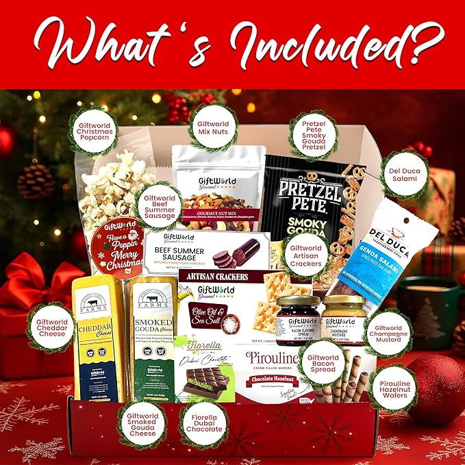 Christmas Gift Basket, Meat and Cheese Gift Baskets for Men and Women - Delicious Condiments with Dubai Chocolate, Charcuterie Food Gift Basket, Christmas Food Gifts in Christmas Gift Box (12-item Bundle)