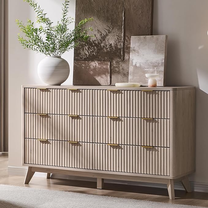 T4TREAM Fluted 6 Drawers Dresser, 54" Wide Modern Chest of Drawers, Curved Profile Design, Dresser TV Stand, Wood Drawer Organizer for Bedroom, Living Room, Hallway, White Alder