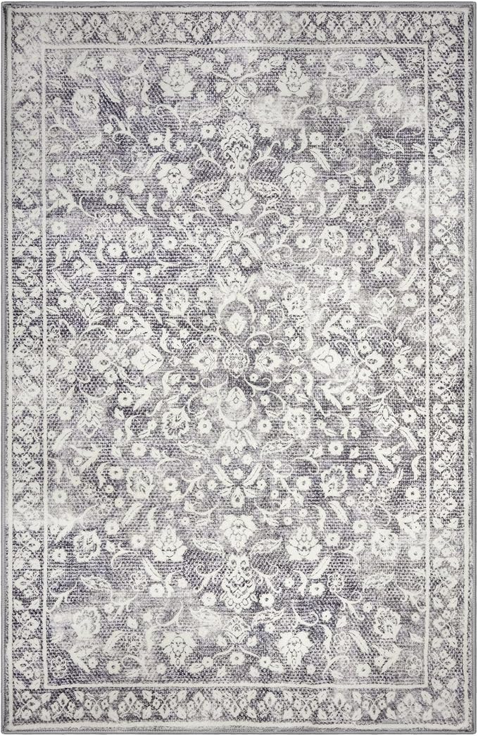 Vintage 3x5 Washable Rug for Entryway, Gray Ivory Super Soft Rug Non-Slip, Printed Faux Wool Floral 3x5 Area Rug Thin Floor Carpet for Kitchen, Bedroom, Office, Living Room