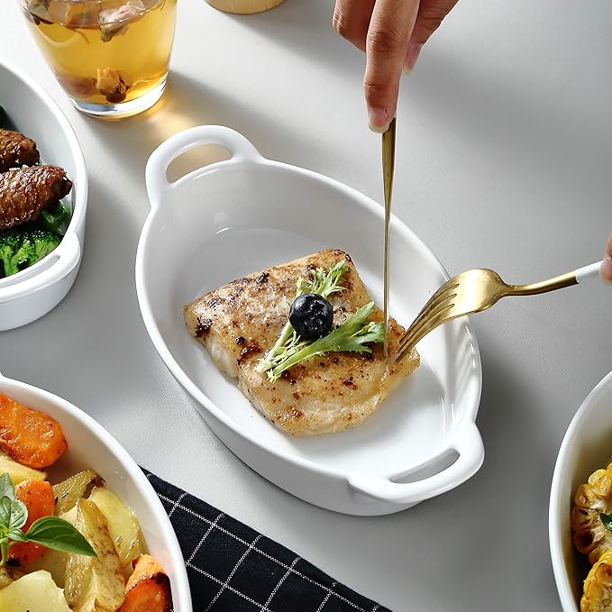 Bruntmor 8 x 5 inch Oval Porcelain Ceramic Deep Dish Au Gratin Pan Set of 4, Dual Handle Au Gratin Baking Dishes, Oven Safe Roasting Lasagna Pan For kitchen- White