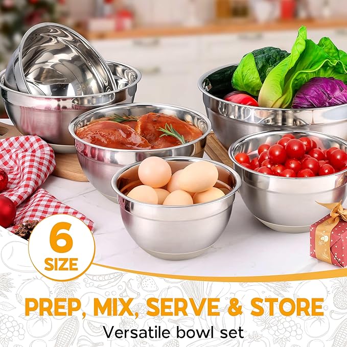 Onader Mixing Bowls with Lids Set of 6, Large Metal Nesting Mixing Bowls, Stainless Steel Non-Slip Salad Bowl Khaki – Size 1, 1.5, 2, 2.6, 3.5, 7QT