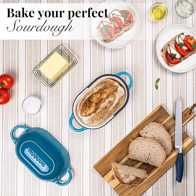 Dutch Oven For Sourdough Bread Baking – Enamelled Cast Iron Bread Loaf Pot – Oven Safe Non Stick Bread Pot – Rectangular,Light Blue, 24cm x 16cm – by Nuovva
