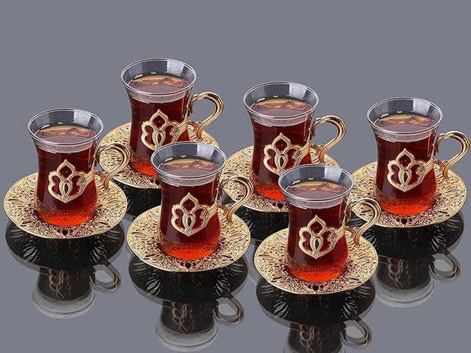 Alisveristime (SET OF 6) Turkish Tea Set with Zamac Holders, Glass Cups, and Saucers, 100ml Capacity, Elegant Serving Set in Gold and Silver (Harman) (Gold)