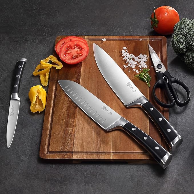 PAUDIN Knife Block Set, 15 Pieces Knife Set with Block, High Carbon Stainless Steel Kitchen Knife Set with Sharpener, Knives Set for Kitchen with Full Tang Triple Rivet Handle