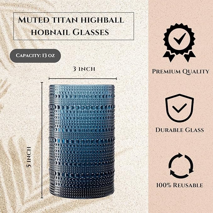 Khen Plastic Hobnail Drinking Highball Glasses Set of 6 Neutral Tones Cups 14oz, Shatterproof & Unbreakable Acrylic Beaded Design, BPA-Free, Dishwasher Safe Indoor/Outdoor Drinkware Water, Cocktails