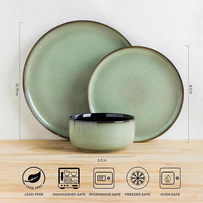 LERATIO Ceramic Dinnerware Sets for 4,12 Pieces Poreclain Plates and Bowls Sets,Scratch Resistant Dishes,Dishwasher & Microwave Safe Dishes Set,Service for 4-Light Geen