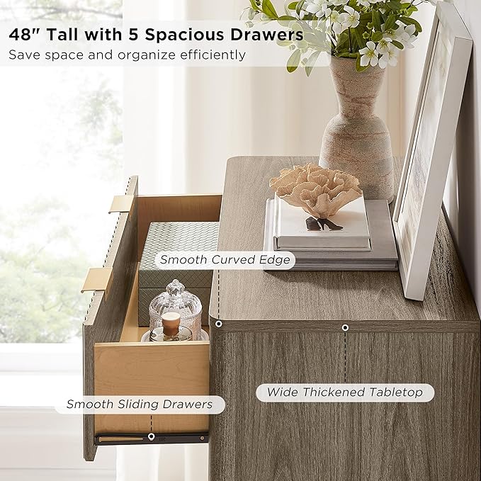 T4TREAM Fluted 5 Drawers Dresser, 48" Tall Modern Chest of Drawers, Curved Profile Design, Wood Drawer Organizer for Bedroom, Living Room, Hallway, Entryway, Grey Alder