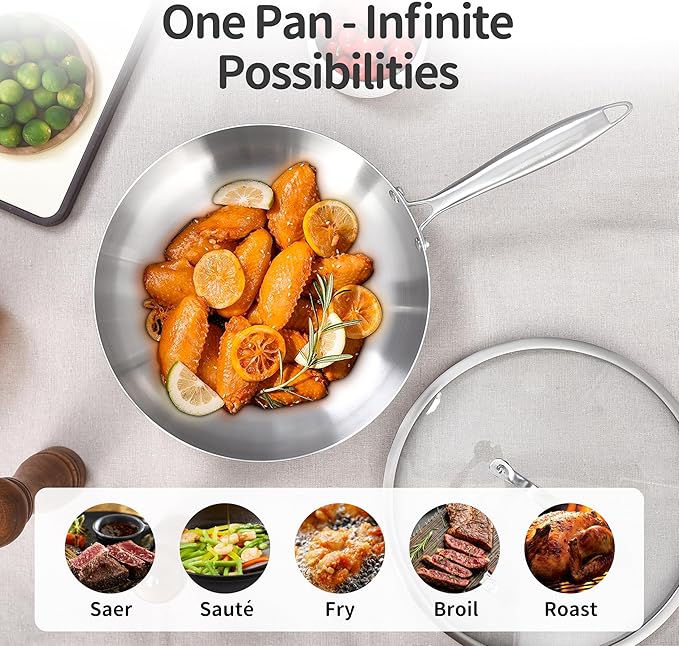 LOLYKITCH 8.5-10 Inch Tri-ply Stainless Steel Frying Pan Set with Lid,Skillets,Induction Cookware,Dishwasher and Oven Safe