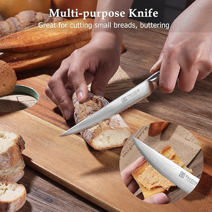 PAUDIN Steak Knives Set of 6, Kitchen Steak Knife 4.5 Inch, High Carbon Stainless Steel Steak Knives, Serrated Steak Knife with Pakkawood Handle, Dinner Knives with Gift Box