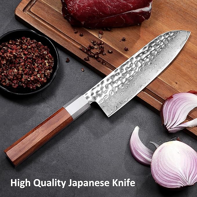 YOTSUBA 7 inch Damascus Japanese Santoku Chef Knife,High Carbon Stainless Steel Kitchen Knife,Professional Santoku Knives with Durable Ergonomic Wood Handle