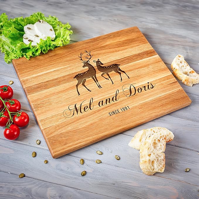 Personalized Oak Wood Cutting Board – Custom Deer Couple Engraving with Names – 10x14 Inches – Gift for Wedding, Anniversary, Christmas, Housewarming, Mother’s Day – Great for Parents and Friends