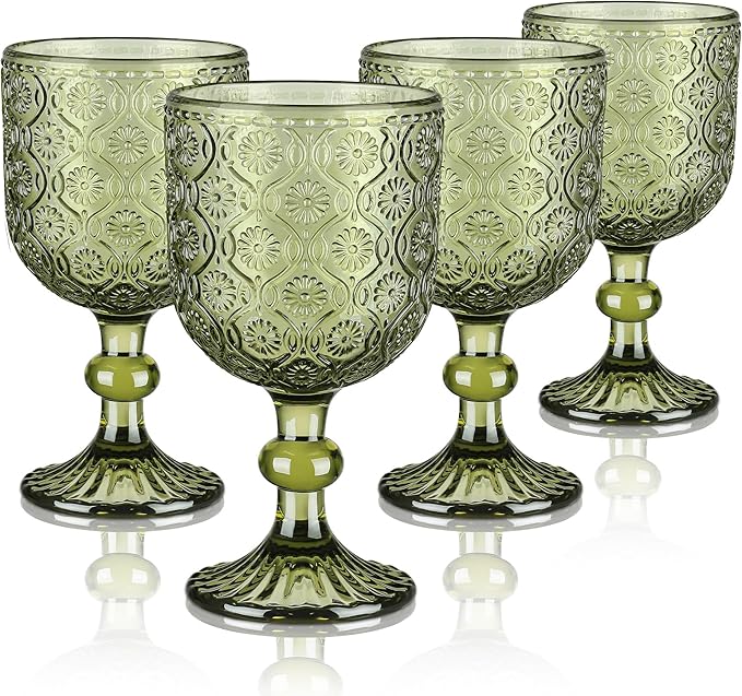 Joeyan Vintage Glass Wine Goblet,Green Embossed Floral Stemmed Wine Glasses,Colored Drinking Cups,Heavy-Duty Glassware for Wedding Party Bar,12 oz,Set of 4,Dishwasher Safe