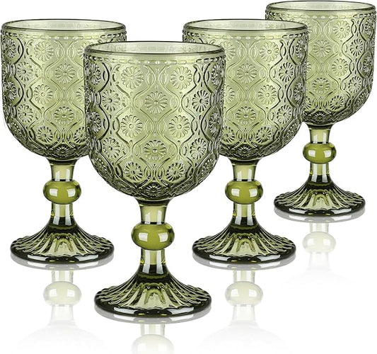 Joeyan Vintage Glass Wine Goblet,Green Embossed Floral Stemmed Wine Glasses,Colored Drinking Cups,Heavy-Duty Glassware for Wedding Party Bar,12 oz,Set of 4,Dishwasher Safe