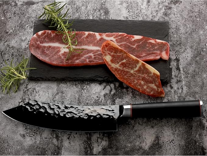 YOUSUNLONG Butcher Knife - 8 Inch Meat cleaver - Japanese AUS8 Black Titanium Nitride Coated Steel - Super Sharp - Natural Ebony Handle
