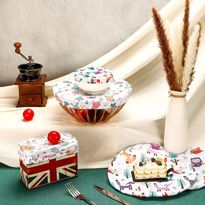 Patelai 10 Pcs Bowl Covers Reusable in 5 Size Stretch Cloth Fabric Elastic Food Storage Bowl Covers Bread Sourdough Lids for Proofing Food Fruits Leftover(Cute Style)