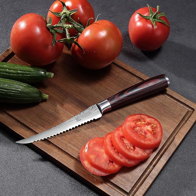 PAUDIN Tomato Knife, 5 inch Serrated Tomato Knives with Sheath, High Carbon Stainless Steel Tomato Slicer Knife for Smooth Cutting Slicing Vegetables and Fruits