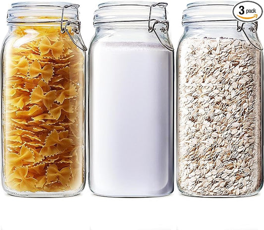 78oz - 3 Pack Square Glass Jars with Airtight Lid, Wide Mouth Mason Jars with Clamp Lids, Air Tight Glass Canisters, Best Food Storage Containers for Flour, Sugar, Cereal, Pasta, Rice, Coffee, Spice