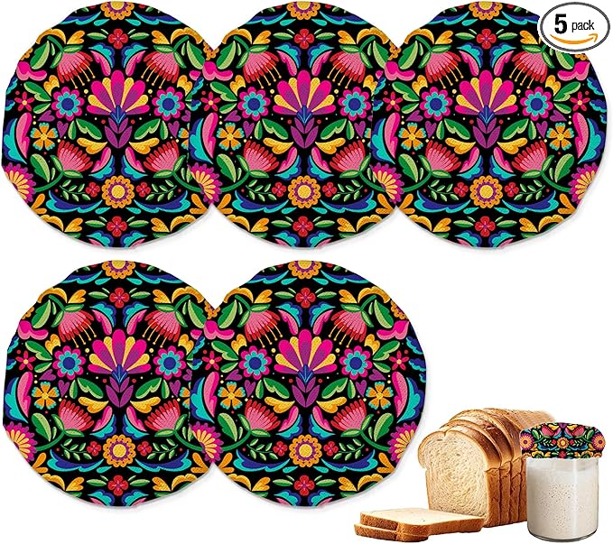 Colorful Floral Mexican Sourdough Jar Cover Reusable Cloth Lid for Sour Dough Starter Jar,5 Pack Bread Fermentation Container Tops Elastic Fabric Caps
