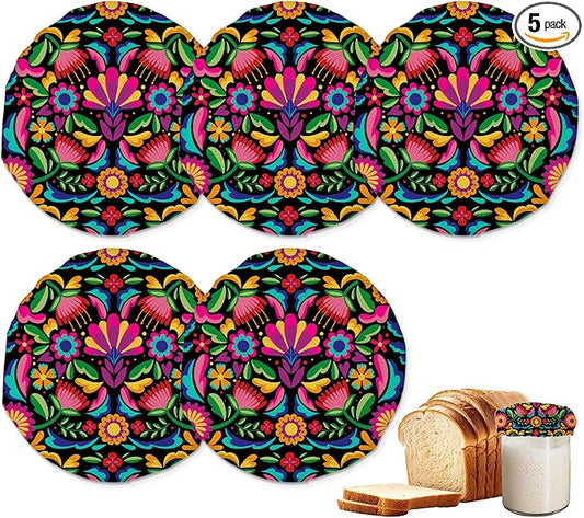Colorful Floral Mexican Sourdough Jar Cover Reusable Cloth Lid for Sour Dough Starter Jar,5 Pack Bread Fermentation Container Tops Elastic Fabric Caps