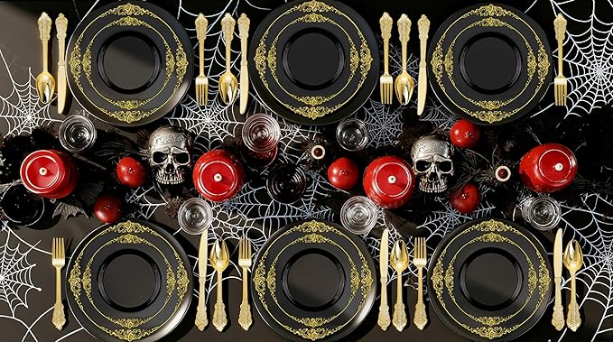 Nervure 350PCS Black Plastic Plates - Black Plastic Dinnerware Sets for 50 Guests - 100 Disposable Plates, 150 Gold Silverware, 50 Cups, 50 Napkins for Wedding & Party & Halloween
