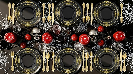 Nervure 350PCS Black Plastic Plates - Black Plastic Dinnerware Sets for 50 Guests - 100 Disposable Plates, 150 Gold Silverware, 50 Cups, 50 Napkins for Wedding & Party & Halloween