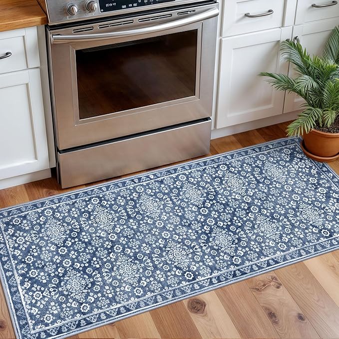 Vintage Washable 2x5 Rug Runner, Dusty Blue White Runners for hallways, Super Soft Kitchen Runner Rug Non Slip, Printed Faux Wool Floral Thin Carpet Runner for Entryway Laundry Room Bedroom