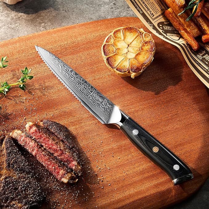 Senken 4-Piece Damascus Steak Knife Set with Full-Body G10 Handles - Shogun Collection - Full-Tang Serrated Steak Knives Forged from Japanese VG10 Steel