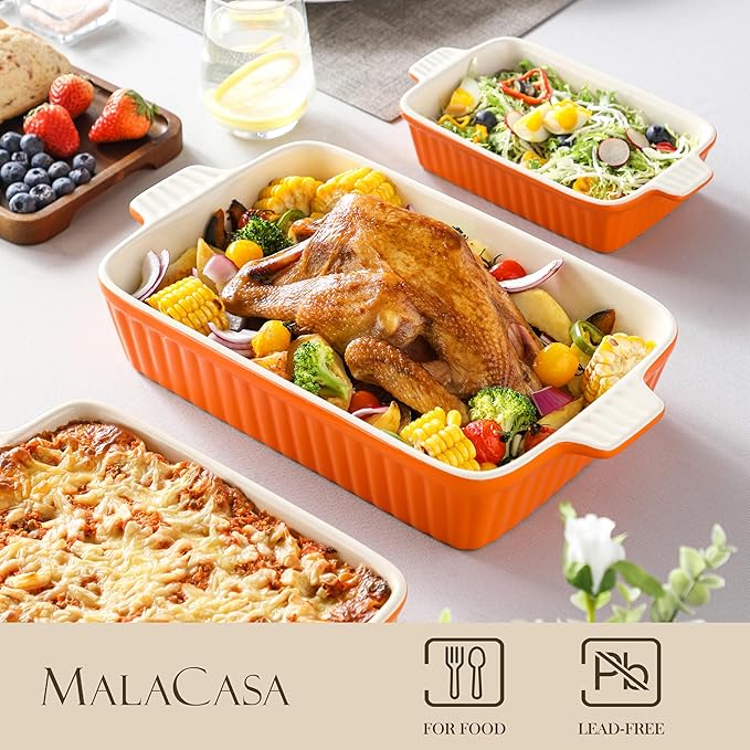 MALACASA Bakeware Set of 4, Porcelain Baking Pans Set for Oven, Casserole Dish, Ceramic Rectangular Baking Dish Lasagna Pans for Cooking Cake Kitchen, Orange(9.4"/11.1"/12.2"/14.7"), Series BAKE.BAKE