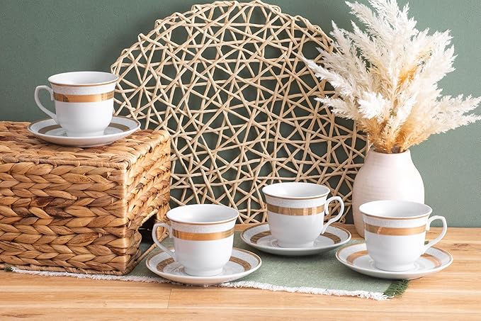 Porcelain Tea Set 8 Piece - 5.75 inch Saucers, 6.5 oz Cups - Elegant White with Gold Rope Design - Dish Set for Tea-Parties, Cappuccino, Vintage Kitchen Decor (Rope Gold 3008, 8 Piece)