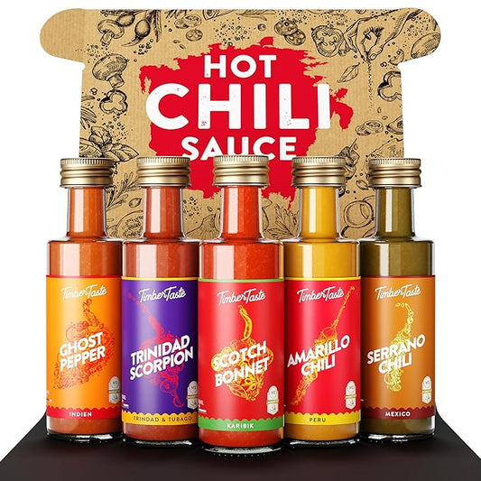 TIMBER TASTE® World Hot Sauce Gift Set [5x1.35 oz] Hot Sauce Variety Pack - Spicy Condiment Set for Heat Lovers in Mini Bottles - Gourmet Spicy Food Gifts for Women & Men - Birthday Gifts for Men