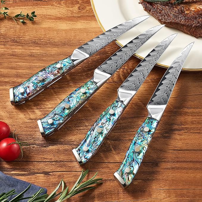 SENKEN 6-Piece Damascus Steak Knife Set, Non-Serrated Blades, Real Abalone Shell Handle Handle, "Umi" Collection Japanese Steak Knives, Japanese VG10 Steel 67-Layer Damascus