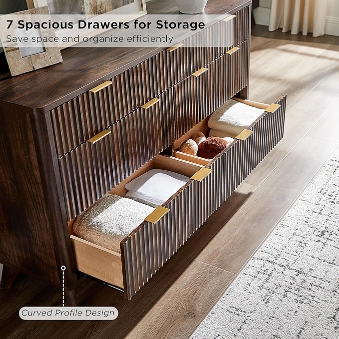 T4TREAM Fluted 7 Drawers Dresser, 54" Wide Modern Chest of Drawers, Curved Profile Design, Dresser TV Stand, Wood Drawer Organizer for Bedroom, Living Room, Hallway, Dark Walnut