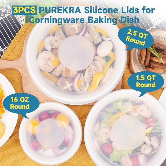 Silicone Lids for CorningWare 16-Ounce & 1.5 Quart & 2.5 Quart Round Dish, 3 Pack Reusable Covers for CorningWare Baking Dish (Dish not Included) Dishwasher & Microwave & Freezer Safe