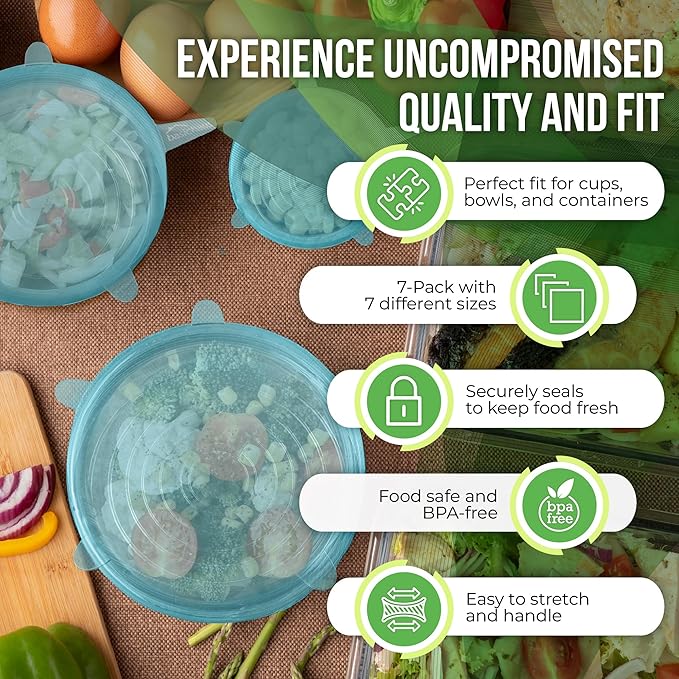 Reusable Silicone Stretch Lids for Food Storage in Fridge - Elastic Heat-Resistant Bowl Covers, Cups, Cans, Jars - Universal Food Grade Lid - Dishwasher Safe -7 Pack-Aqua Mist Stretchy Lid Set