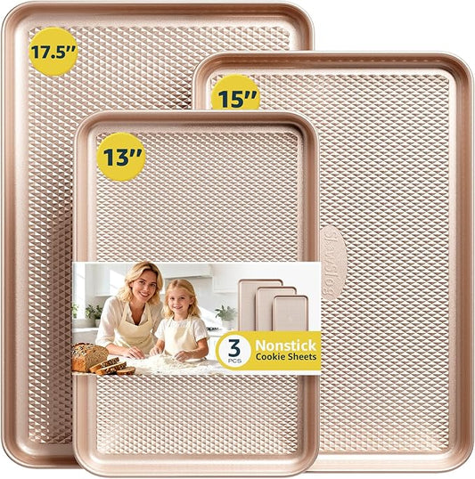 3Pcs Baking Sheet Pan Set, Large Nonstick Cookie Sheets Set, Jelly Roll Pans, Heavy Duty Carbon Steel Cookies Sheet for Oven, Diamond Texture, Gold
