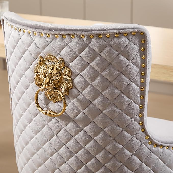 Velvet Gold Barstools Set of 2, Modern Counter Height Adjustable Swivel Stools Chairs with High Tufted Backrest Golden Base Lion Head Pull Ring Rivet Trim for Kitchen (Grey)