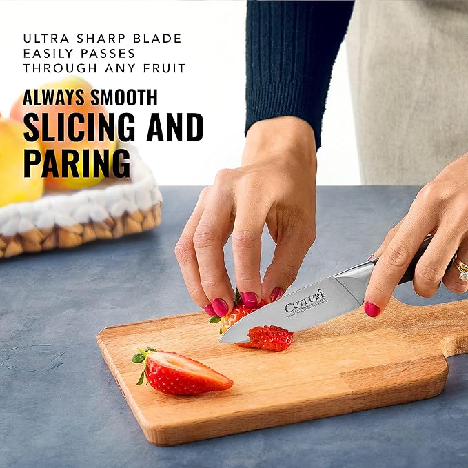 Cutluxe Paring Knife, 3.5" Small Kitchen Peeling Knife with Razor Sharp Blade – High Carbon German Steel, Full Tang, Ergonomic Handle Design – Artisan Series