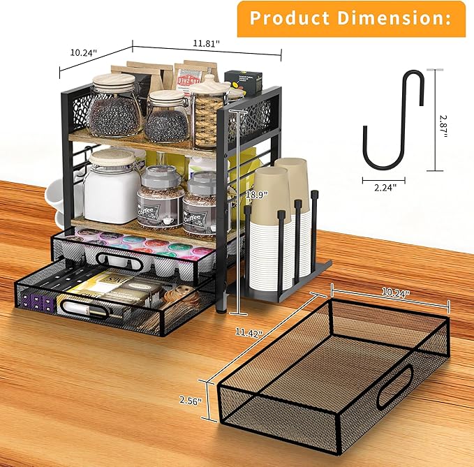 Coffee Bar Organizer - 4 Tier Coffee Station Organizer for Countertop, Coffee Bar Storage with 4 Hooks, with K Cup Storage Drawer and Cup Holder, Multifunctional Shelf for Accessories Kitchen