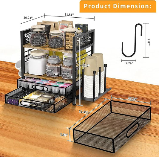 Coffee Bar Organizer - 4 Tier Coffee Station Organizer for Countertop, Coffee Bar Storage with 4 Hooks, with K Cup Storage Drawer and Cup Holder, Multifunctional Shelf for Accessories Kitchen