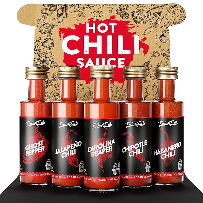 Chili Hot Sauce Bottle Set [5x1.35 oz] - Gifts for Men - For BBQ, Beef, Meat & Spicy Food Lovers - Little Thank You gift for Coworker, teacher, employee or Dad's Birthday by TIMBER TASTE®