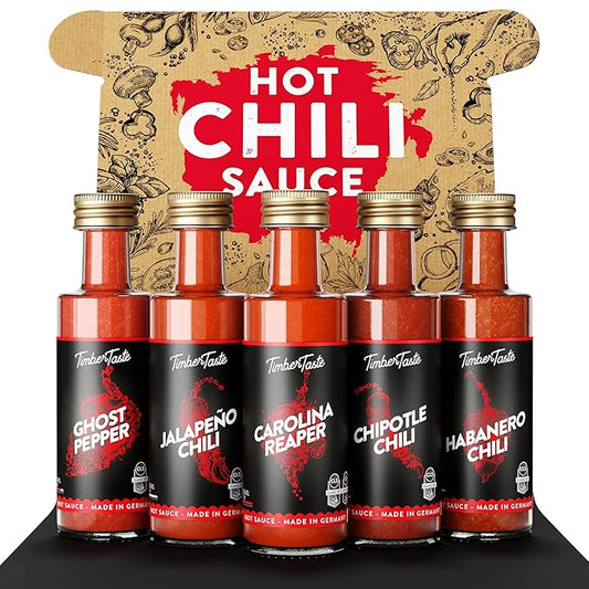 Chili Hot Sauce Bottle Set [5x1.35 oz] - Gifts for Men - For BBQ, Beef, Meat & Spicy Food Lovers - Little Thank You gift for Coworker, teacher, employee or Dad's Birthday by TIMBER TASTE®