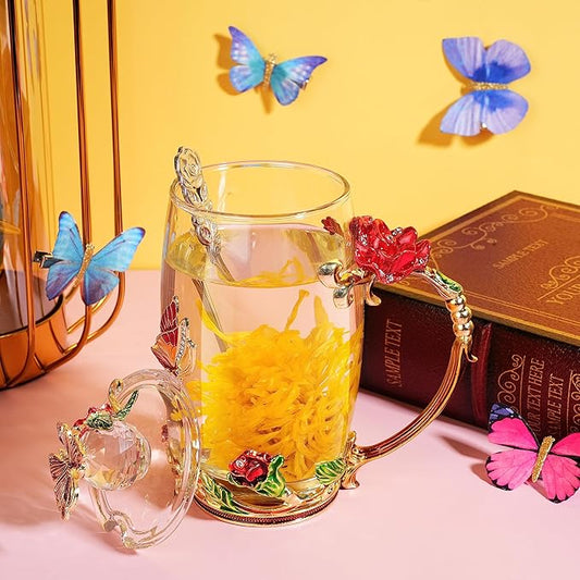 Nuanchu 4 Sets Flower Glass Tea Cups with Lids and Spoon Butterfly Vintage Glass Coffee Mugs Floral Fancy Clear Teacup for Christmas Women Mom Wife Girlfriend(Pink, Purple, Blue, Red,12 oz)