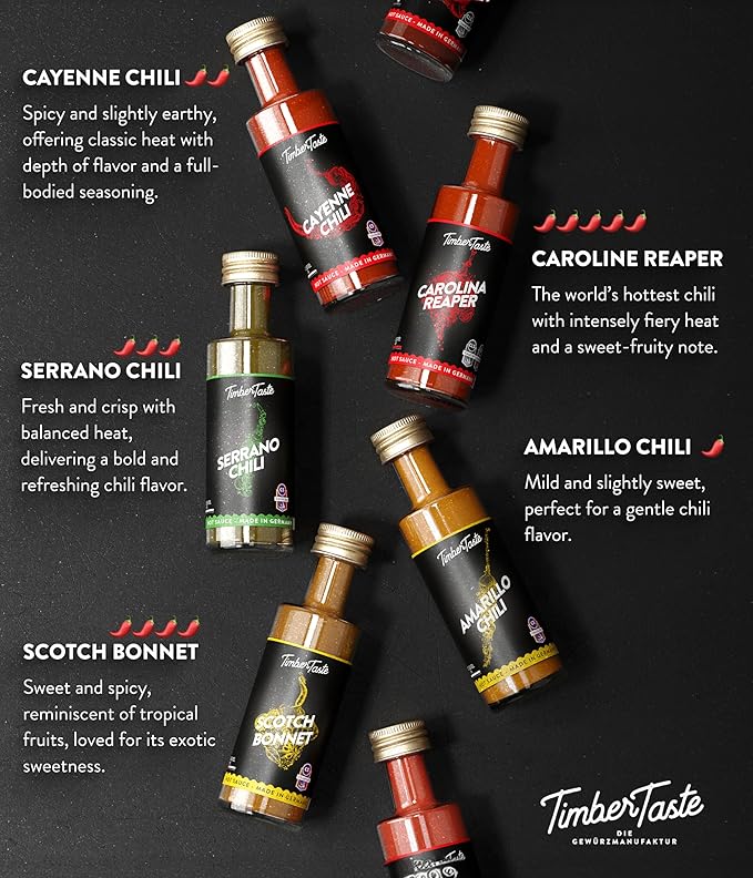 TIMBER TASTE® Color Hot Sauce Gift Set [5x1.35 oz] Hot Sauce Variety Pack - Spicy Condiment Set for Heat Lovers in Mini Bottles - Gourmet Spicy Food Gifts for Women & Men - Birthday Gifts for Men