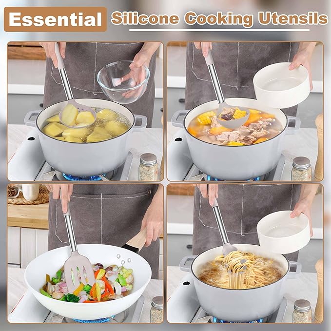 LIANYU Cooking Utensils Set of 6, Silicone Kitchen Utensils Set for Nonstick Cookware, Heat Resistant Kitchen Gadgets Tools, Includes Spatulas, Spoons, Tongs, Stainless Steel Handle, Khaki