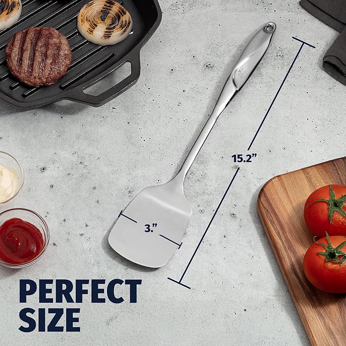 Zulay Kitchen Premium Stainless Steel Metal Spatula - Cooking Spoon Turner - Durable Cooking Utensil with Ergonomic, Easy to Use Handle - Easy to Clean, Perfect for at Home Cooks & Chefs - 15”